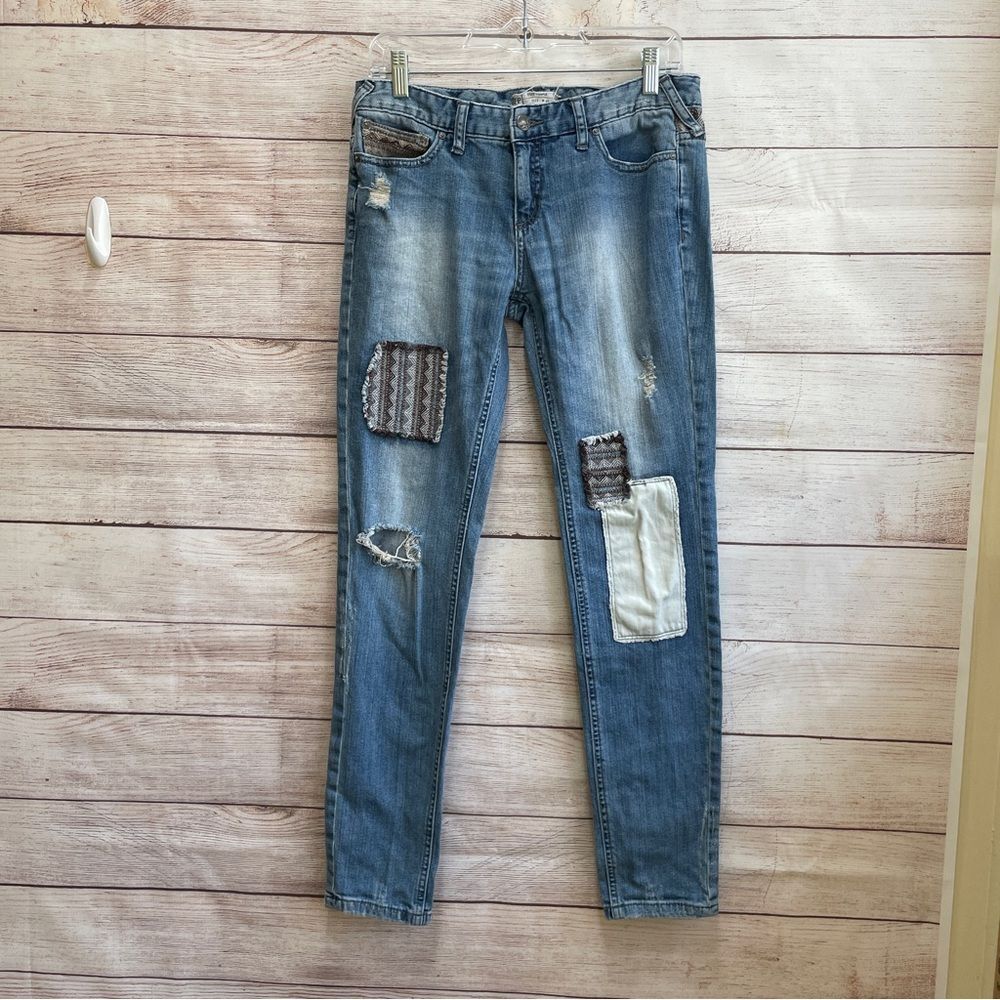 FREE PEOPLE DISTRESSED PATCHWORK JEANS